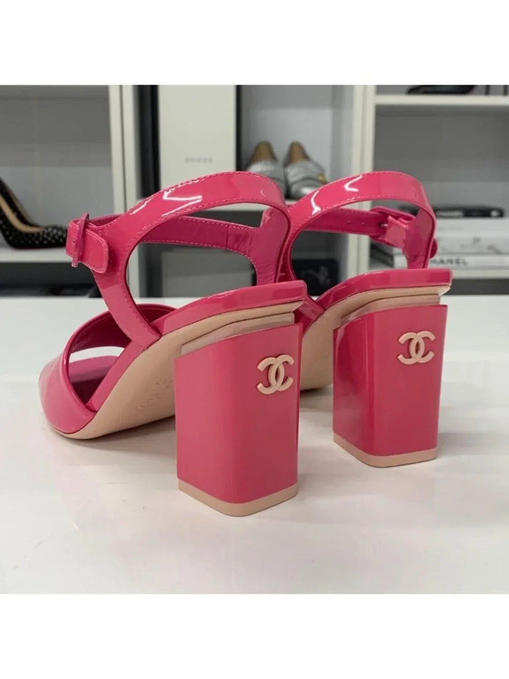 Chanel CC Logo Patent Strap Sandals Pink